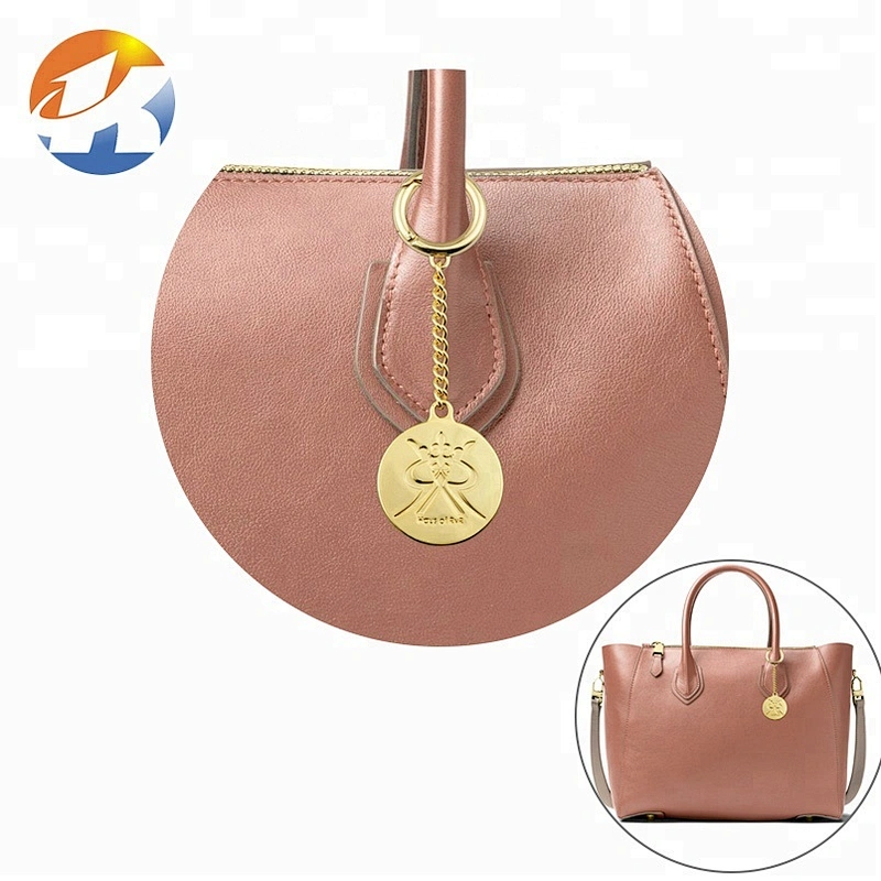 Gold Engraved Round Tag With Hook And Chain Hang Metal Handbag Logo
