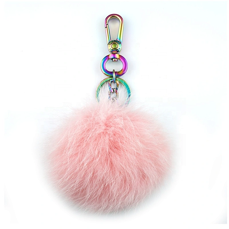 Rainbow Color Metal Snap Hook with Key Ring and Hairball, Fashion Metal Swivel Hook Snap For Bag