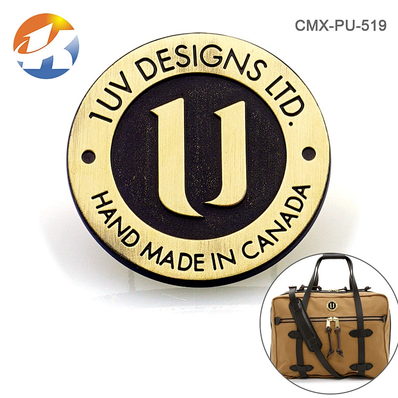 Round With Embossed Logo Brush Bronze Handbag Metal Logo Designs