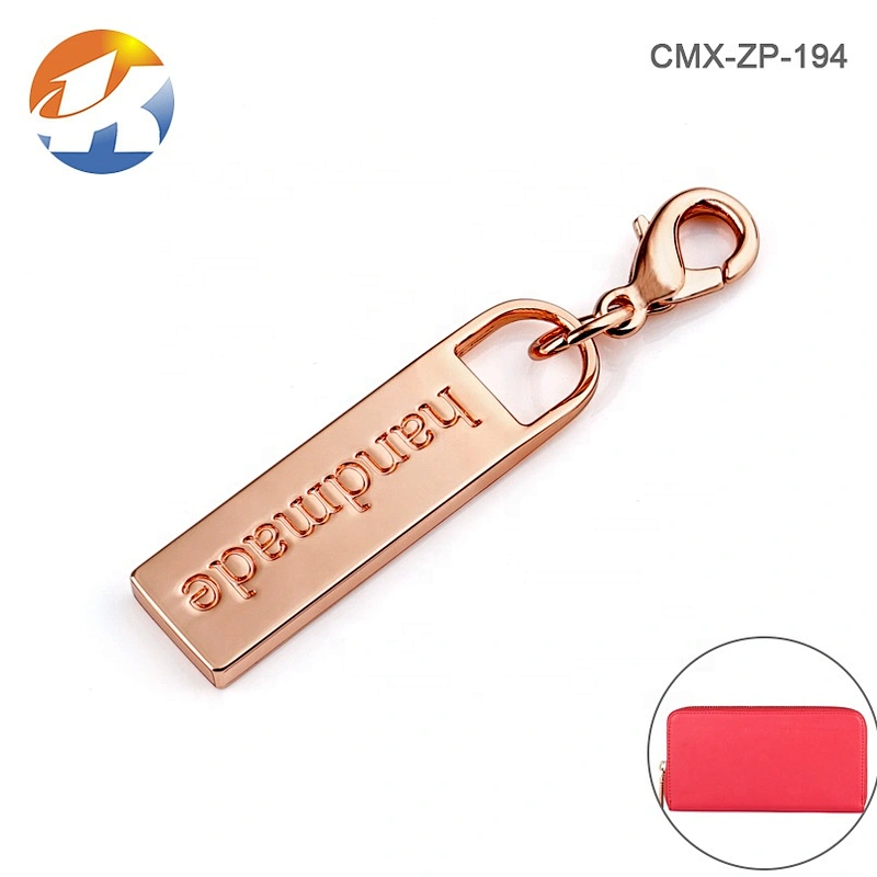 Bag Accessories Custom Zip Puller with Engraved Logo, Rose Gold Metal Zipper Puller with small Clasp for Clothing