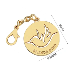 Professional Factory Custom Made Metal Accessories Gold Logo Tag for Bags, Design Round Shape with Bird Logo Hanging Metal Tag