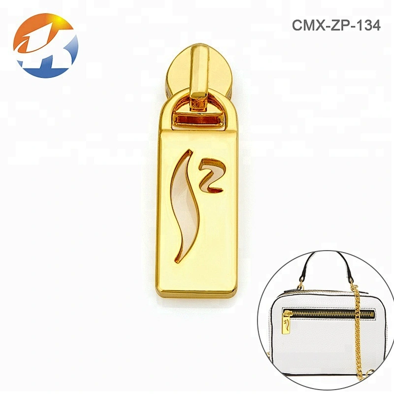 High Grade Gold Plated Hollow Logo Alloy Zipper Pull for Handbags, Custom Metal Zipper Puller for Clothing