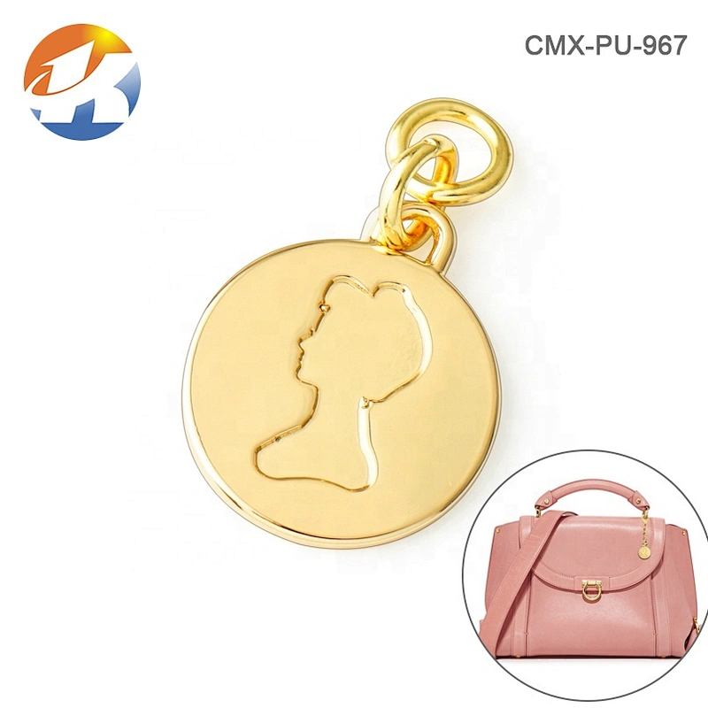 High Quality Fashion Custom Metal Round Name Tag with Ring, Hanging Gold Plated Metal Logo Labels for Handbags