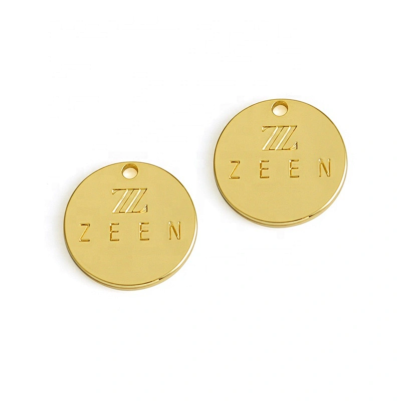 Fashion Handbag Accessories Round Shape Metal Tag with Hole, Engraved Logo Gold Metal Hanging Logo Tag for Bags