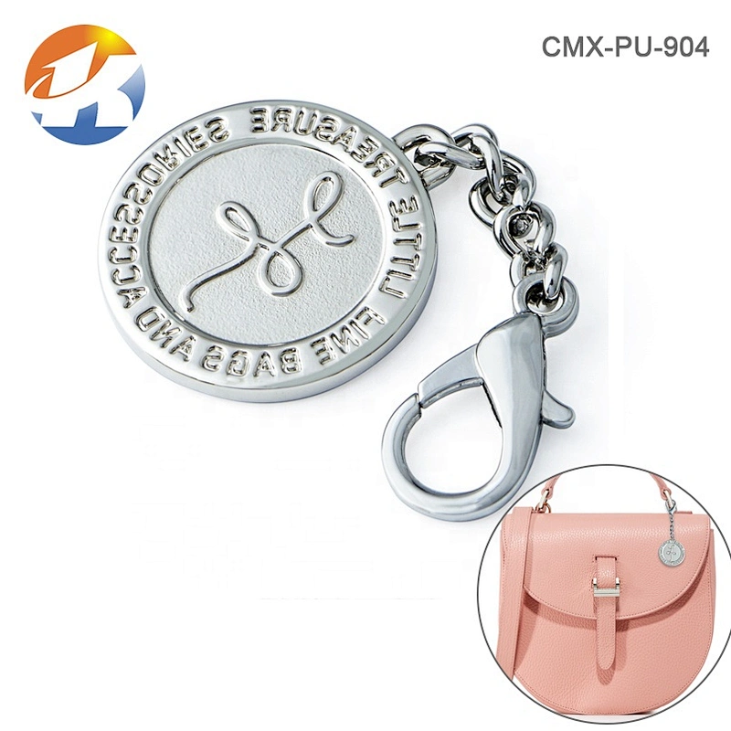 China Manufacture Custom Metal Brand Tag with Clasp for Handbags, Bag Hardware Round Metal Hanging Logo Tag