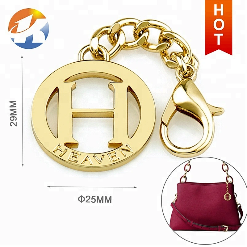 Bag Hardware Design Small Round Metal Tags Logo, Hanging Metal Logo Tag Custom for Handbag Gold Plated with Clasp and Chain