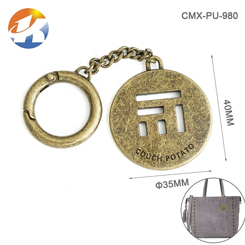 Spring Hook with Chain Hanging Metal Tag, Custom Metal Brand Logo Tag for Handbags