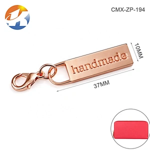 Bag Accessories Custom Zip Puller with Engraved Logo, Rose Gold Metal Zipper Puller with small Clasp for Clothing