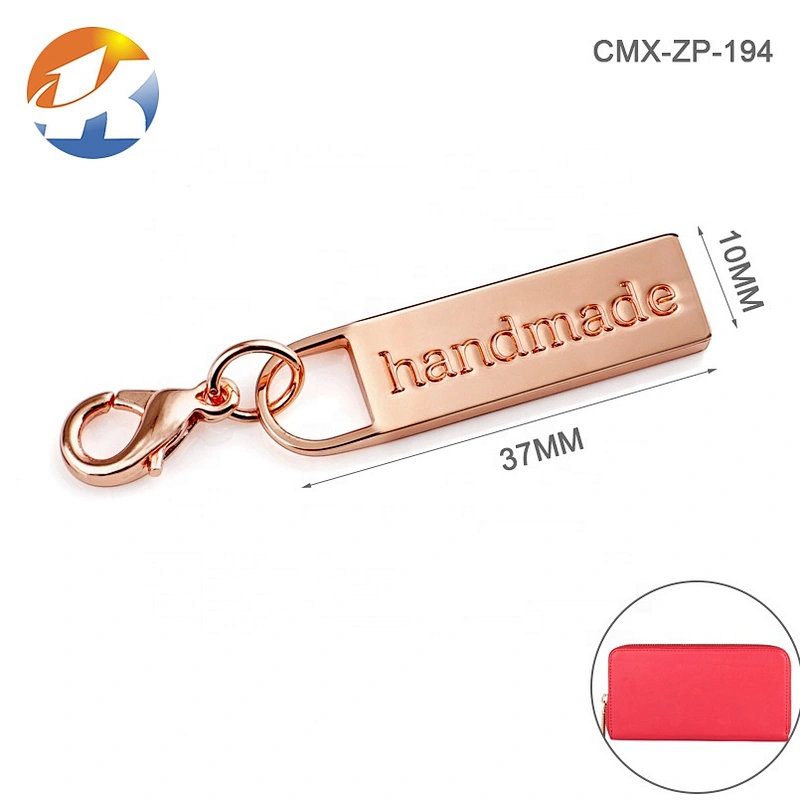 Bag Accessories Custom Zip Puller with Engraved Logo, Rose Gold Metal Zipper Puller with small Clasp for Clothing