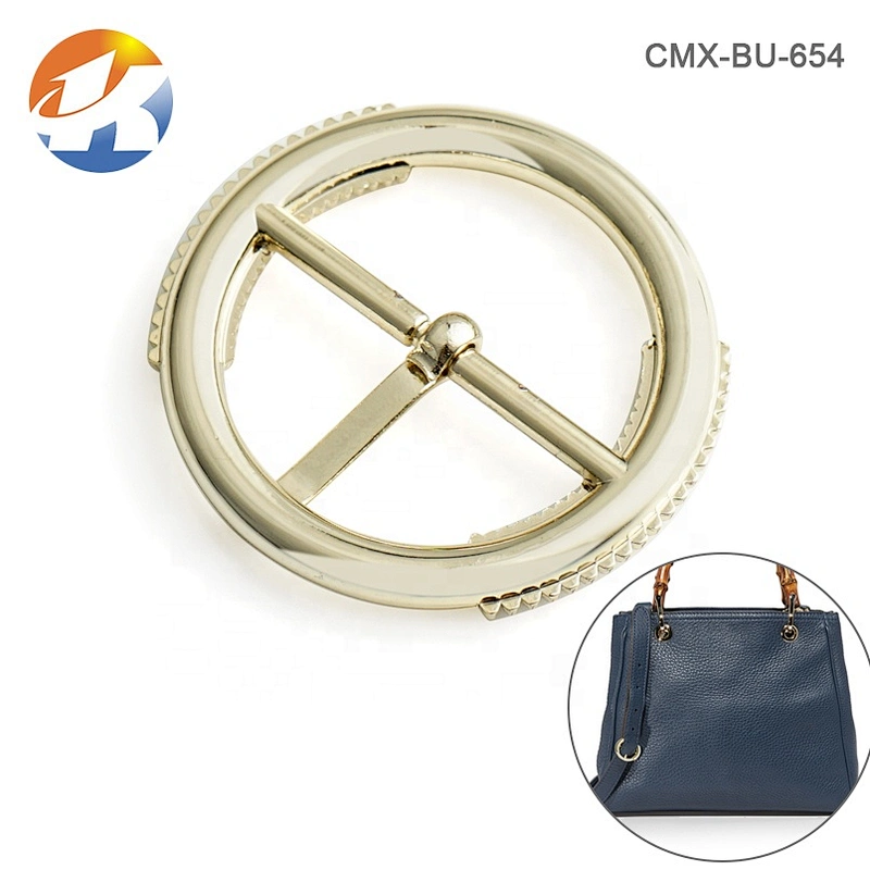 New Product Wholesale Stylish Circle Metal Pin Center Buckle, Custom Round Light Gold Metal Pin Buckle for Bags
