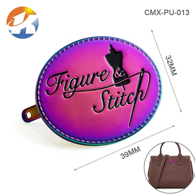 Fashion Rainbow Color Plated Metal Charms Tag, Custom Engraved Logo Oval Metal Logo Labels for Handbags