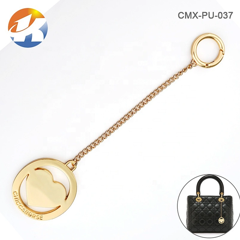 Custom Metal Tag with Heart Logo for Handbags, Bag Accessories Round Gold Plating Hanging Metal Logo Tag with Spring Hook