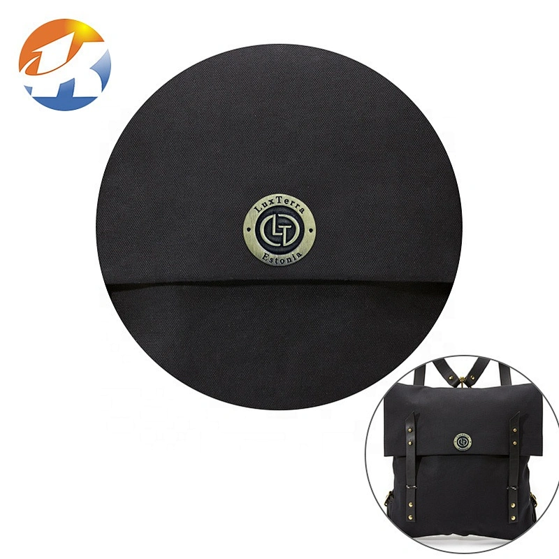 Brushed Antique Brass Color Embossed and Engraved Logo Metal Name Tag, Custom Round Metal Logo Labels for Bags
