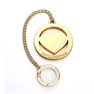 Custom Metal Tag with Heart Logo for Handbags, Bag Accessories Round Gold Plating Hanging Metal Logo Tag with Spring Hook