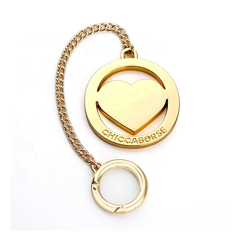 Custom Metal Tag with Heart Logo for Handbags, Bag Accessories Round Gold Plating Hanging Metal Logo Tag with Spring Hook