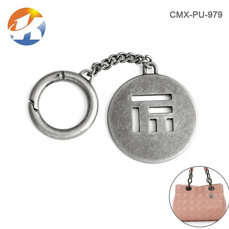Custom Bag Fittings Round Metal Brand Logo Tags, Metal Name Tag with Spring Hook for Handbags