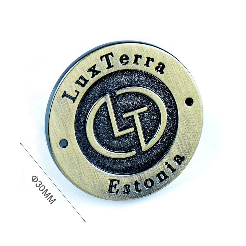 Brushed Antique Brass Color Embossed and Engraved Logo Metal Name Tag, Custom Round Metal Logo Labels for Bags