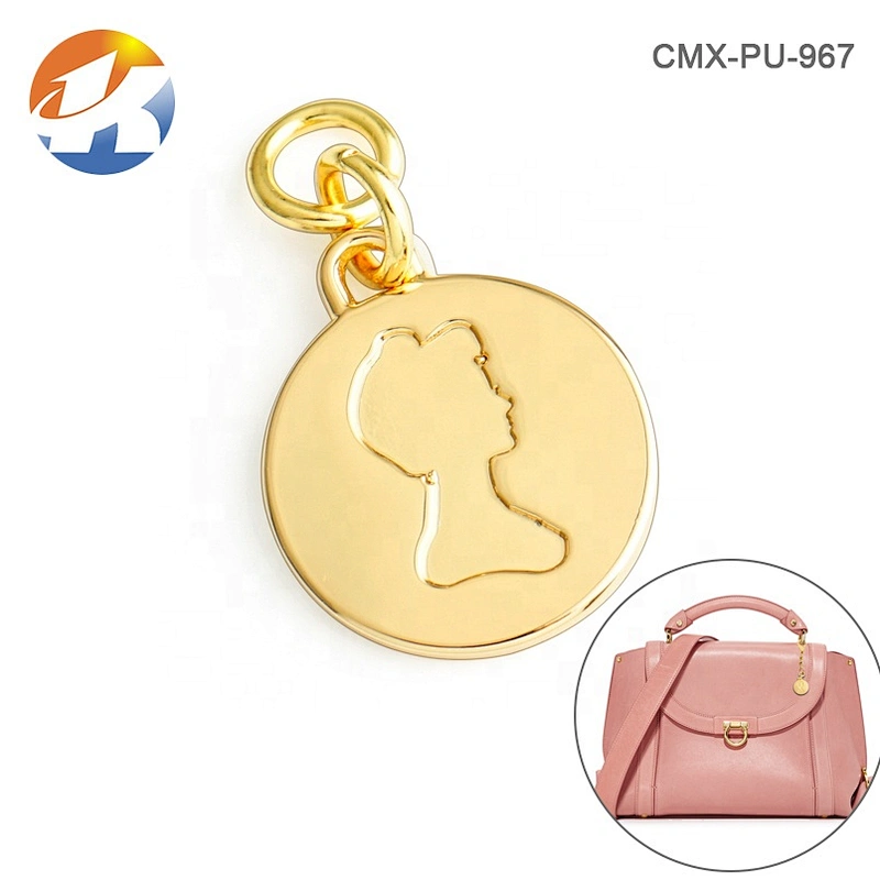 High Quality Fashion Custom Metal Round Name Tag with Ring, Hanging Gold Plated Metal Logo Labels for Handbags
