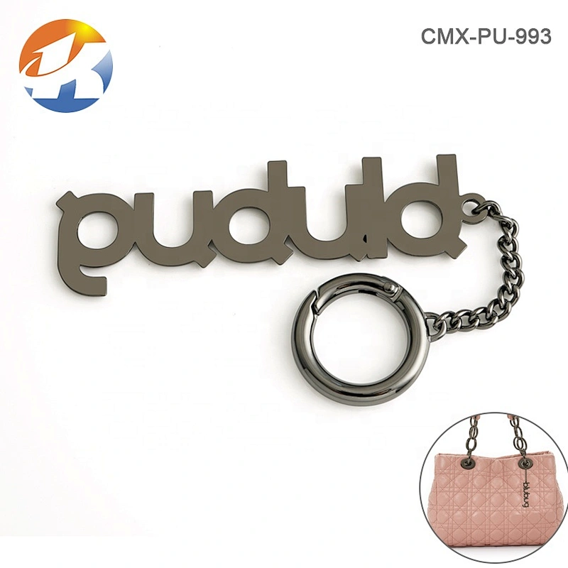 Design Gunmetal Hanging Metal Letter Logo Tags, Custom Handbags Brand Logo Metal Tag with Chain and Hook