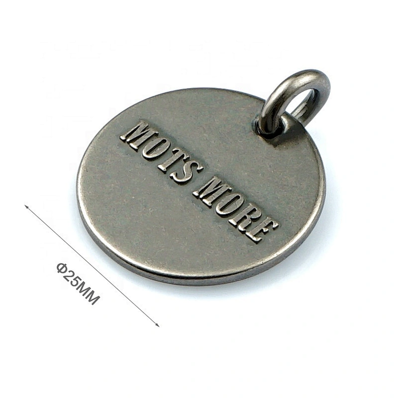 Round Shape Embossed Logo Custom Metal Hang Tags, Wholesale Bag Accessories Logo Metal Plate with Ring for Bags