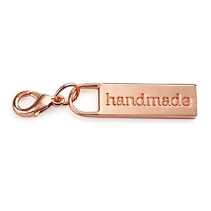 Bag Accessories Custom Zip Puller with Engraved Logo, Rose Gold Metal Zipper Puller with small Clasp for Clothing