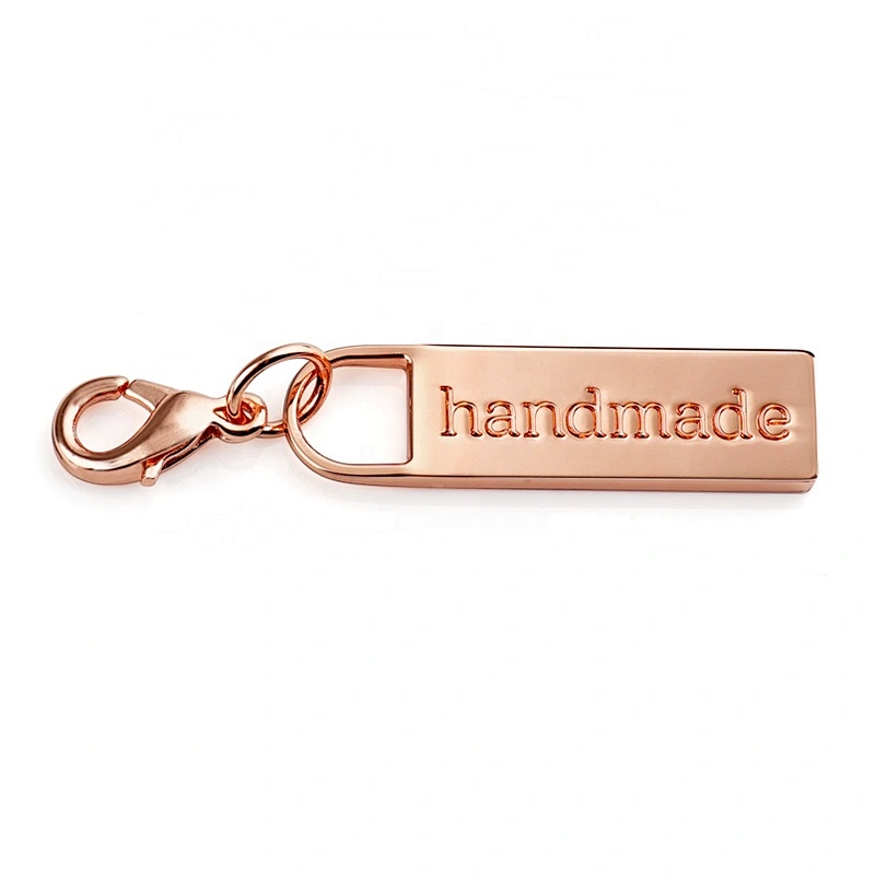 Bag Accessories Custom Zip Puller with Engraved Logo, Rose Gold Metal Zipper Puller with small Clasp for Clothing