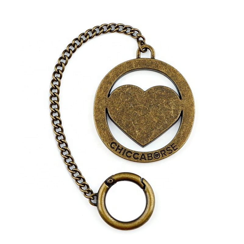 Bag Accessories Antique Brass Metal Hang Tag with Chain and Spring Hook, Custom Made Metal Bag Logo Tag for Handbags