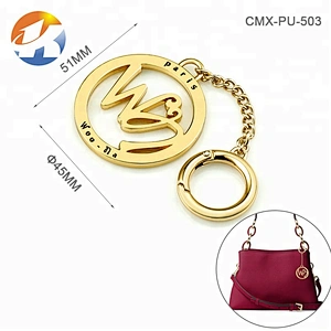 Hot Selling Style Gold Plated Metal Logo Tag, Custom Round Shape with Chain and Hook Metal Tag for Handbags