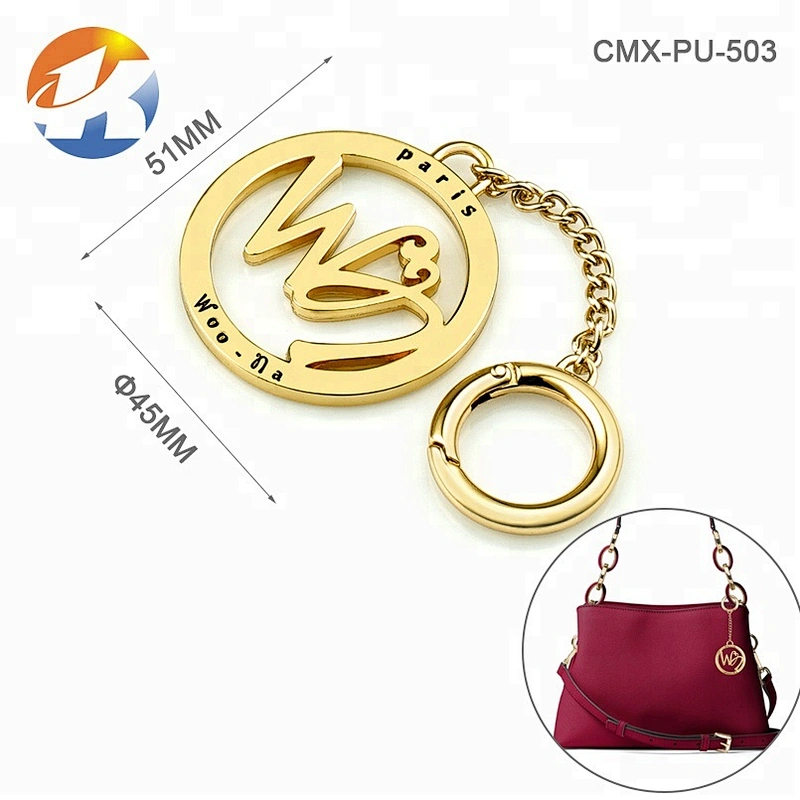 Hot Selling Style Gold Plated Metal Logo Tag, Custom Round Shape with Chain and Hook Metal Tag for Handbags