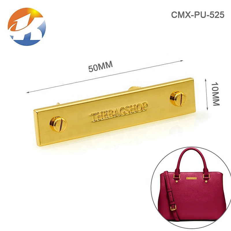 Custom Gold Metal Logo Tag with 2 Decorative Screws for Handbags, Bag Accessories Engraved Metal Nameplate