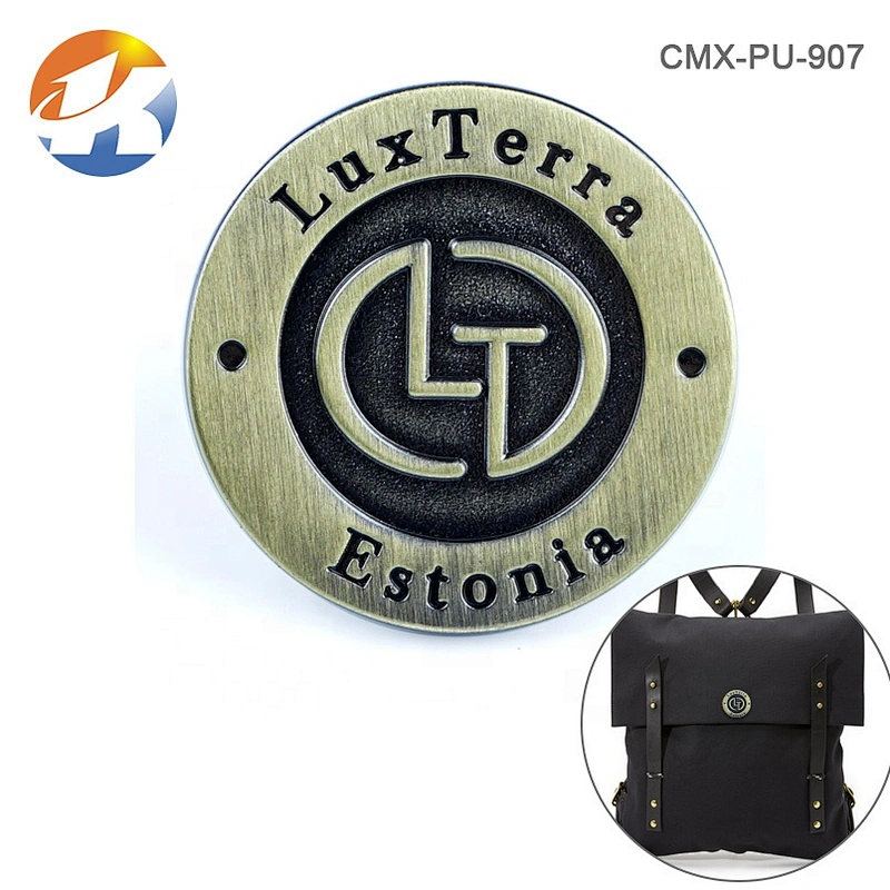 Brushed Antique Brass Color Embossed and Engraved Logo Metal Name Tag, Custom Round Metal Logo Labels for Bags