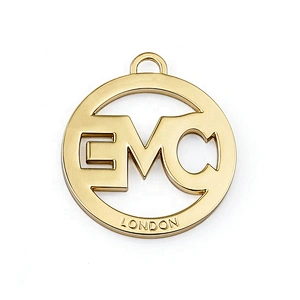 Custom Round Shape Metal Tag with Hollow and Engraved Logo, Design Gold Plated Metal Hanging Logo Tag for Handbags