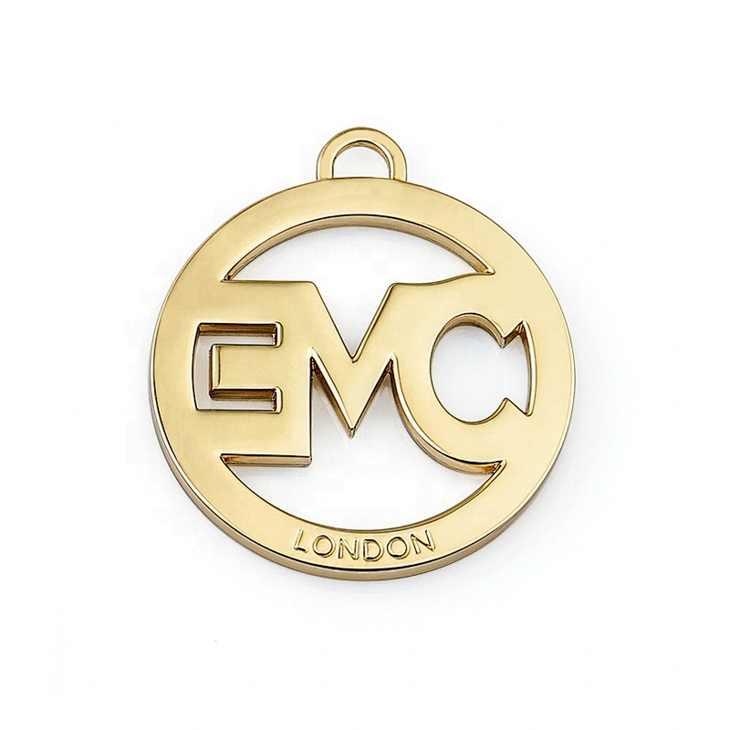 Custom Round Shape Metal Tag with Hollow and Engraved Logo, Design Gold Plated Metal Hanging Logo Tag for Handbags