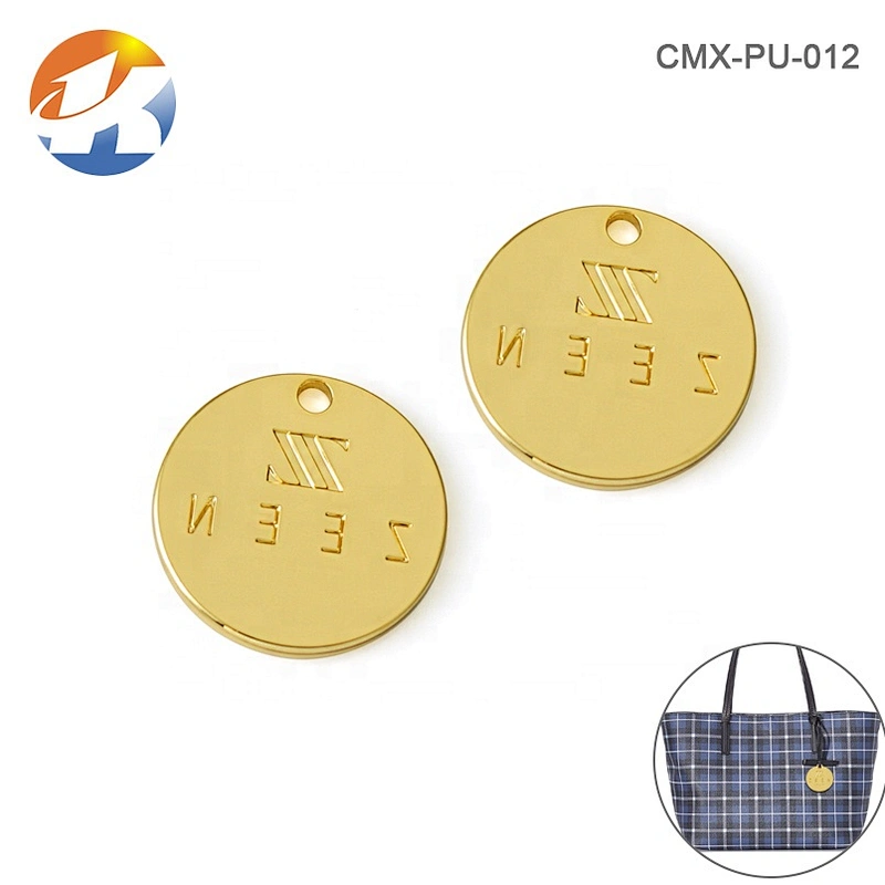 Fashion Handbag Accessories Round Shape Metal Tag with Hole, Engraved Logo Gold Metal Hanging Logo Tag for Bags