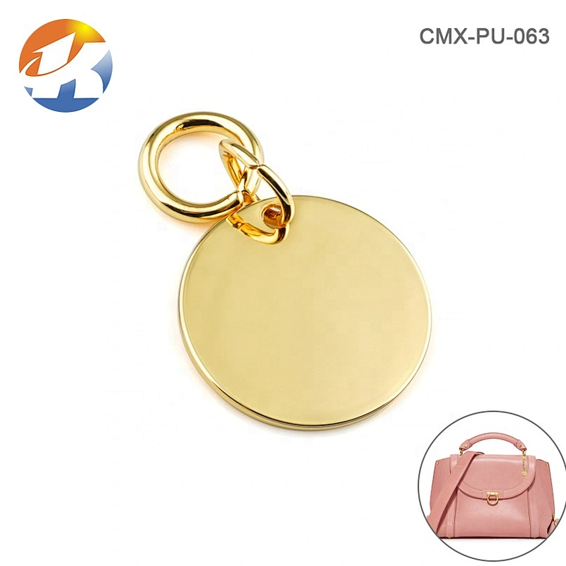 Hot Sale Bag Accessories Custom Gold Circle Shape Metal Logo Tags for Bag, Engraved Logo Metal Label with Ring