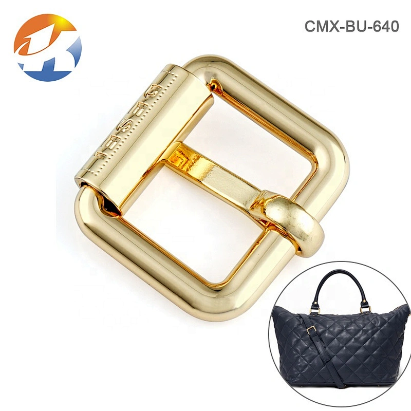 Factory Direct Selling Metal Pin Buckle, Custom Gold Metal Roller Pin Buckle with Engraved Logo for Bags