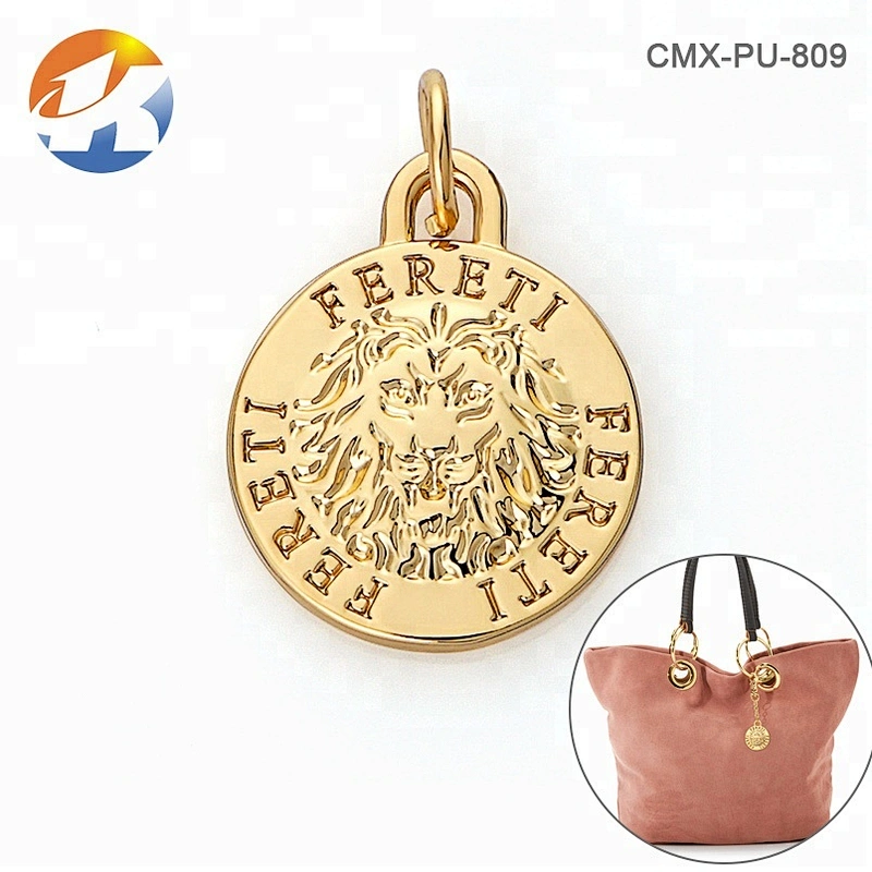 Design Round Shape with Ring Gold Metal Logo, Custom Hang Metal Name Tag for Handbags