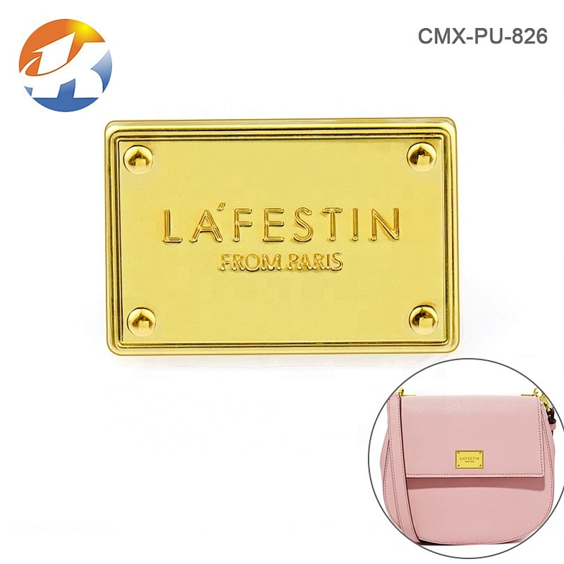 Handbag Hardware Gold Plated Engraved Metal Brand Logo for Bags, Zinc Alloy Custom Handmade Metal Label Plate for Handbag