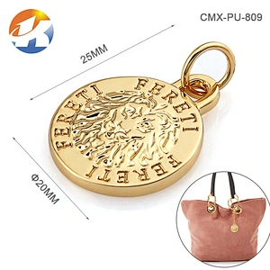 Handbag Hardware Circle With Ring Hanging Metal Name Tag, Gold Engraved Logo Metal Plate Label for Bags
