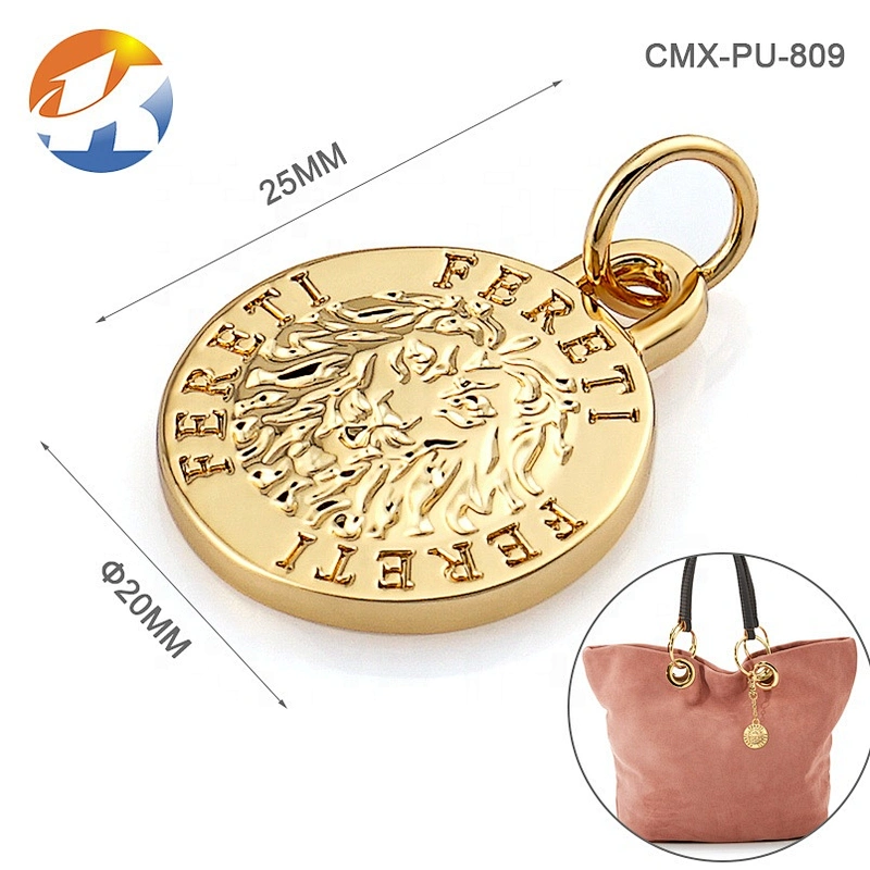 Handbag Hardware Circle With Ring Hanging Metal Name Tag, Gold Engraved Logo Metal Plate Label for Bags
