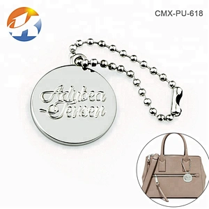 Handbag Hardware Custom Hanging Brand Logo Metal Bag Tag, Custom Round Engraved Logo Metal Tag for Bags with Ball Chain Hot Sale