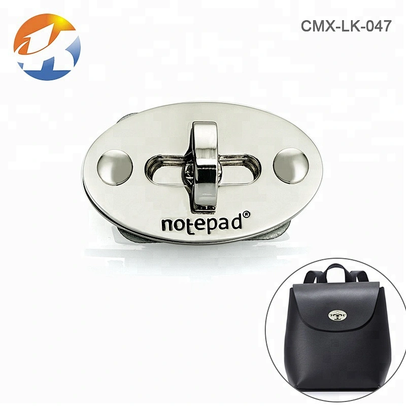 Oval Shape With Logo Nickel Metal Bag Turn Lock Hardware