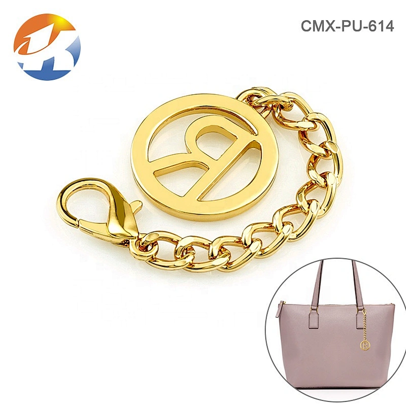 Round Metal Tag with Clip for Handbag, Bag Hardware Custom Gold Metal Logo Tag with Hollow Logo