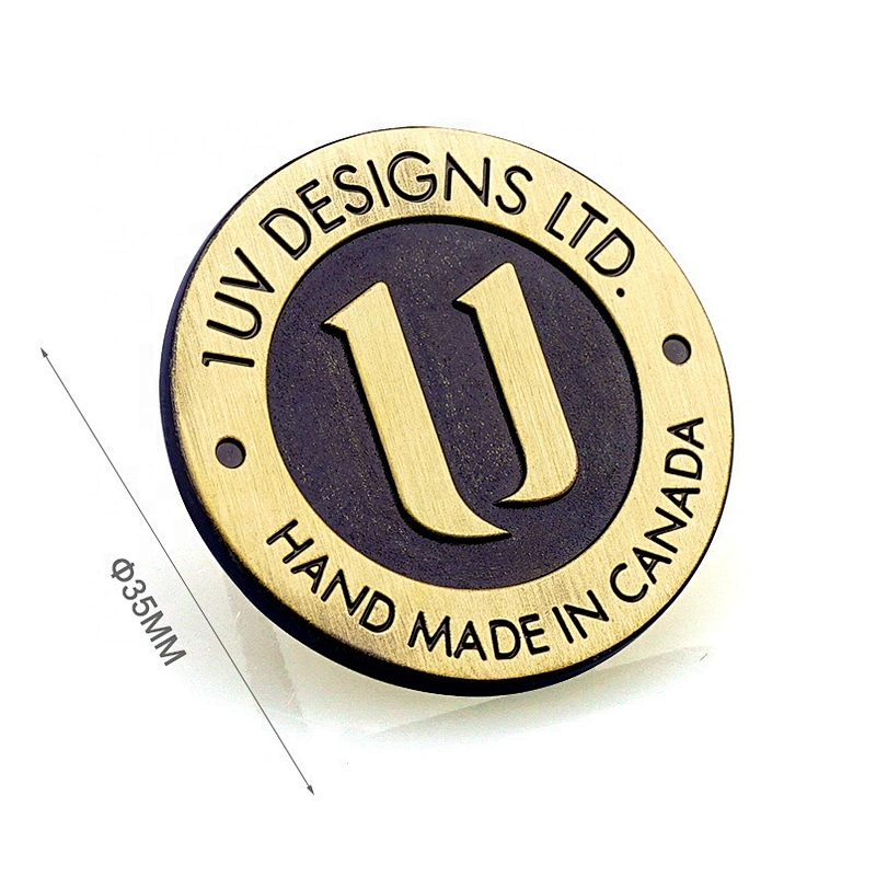 Brushed Antique Brass Color Embossed and Engraved Logo Metal Name Tag, Custom Round Metal Logo Labels for Bags