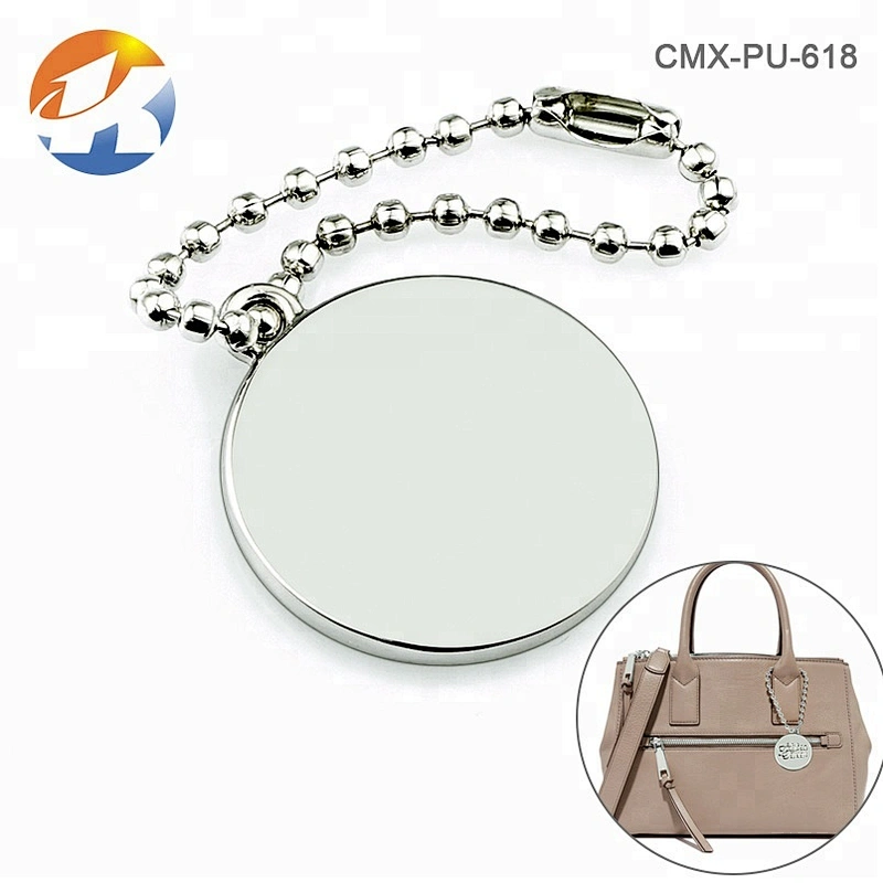 Handbag Hardware Custom Hanging Brand Logo Metal Bag Tag, Custom Round Engraved Logo Metal Tag for Bags with Ball Chain Hot Sale
