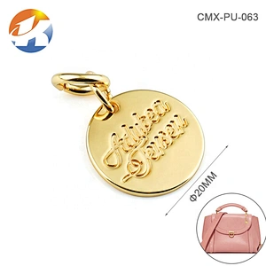 Hot Sale Bag Accessories Custom Gold Circle Shape Metal Logo Tags for Bag, Engraved Logo Metal Label with Ring
