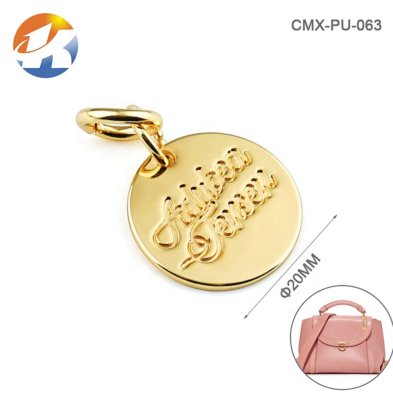 Hot Sale Bag Accessories Custom Gold Circle Shape Metal Logo Tags for Bag, Engraved Logo Metal Label with Ring