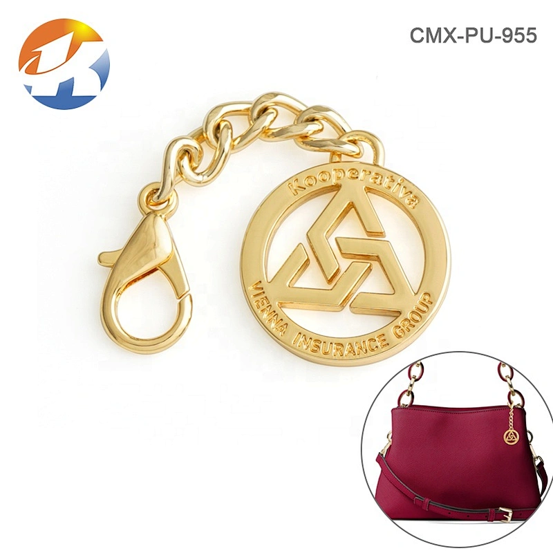 High Quality Bag Accessories Customized Metal Logo Tag, Round Shape With Chain and Clasp Metal Label for Handbags
