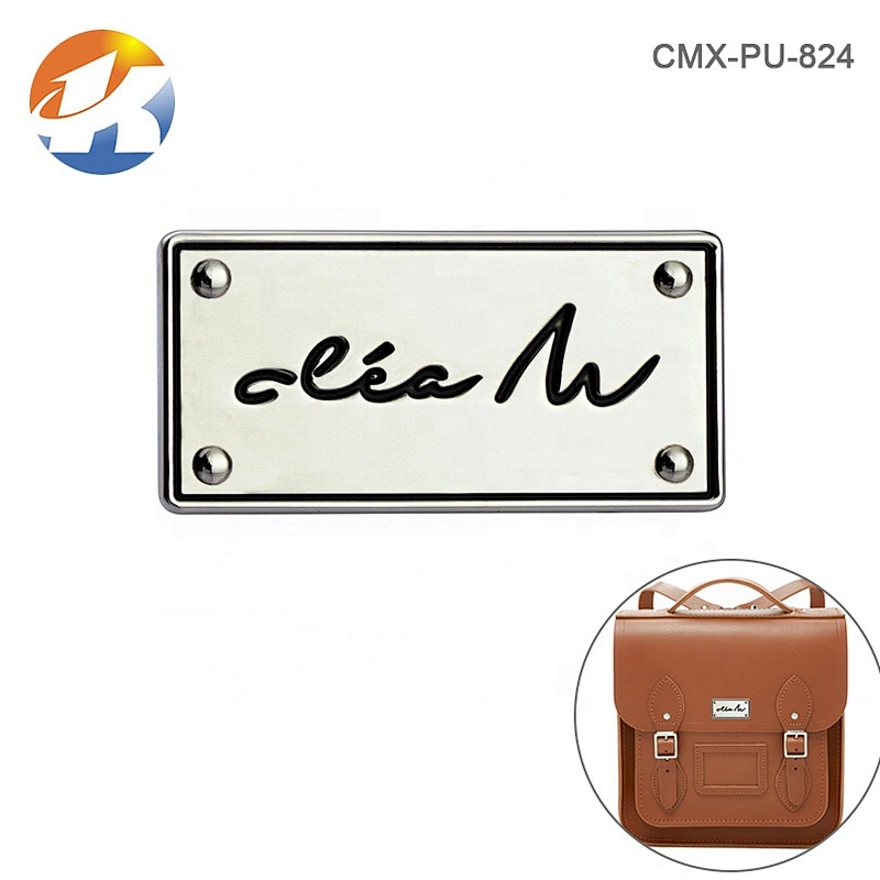 Custom Metal Label with Engraved Black Logo for Handbags, Bag Hardware Design Metal Plate Logo