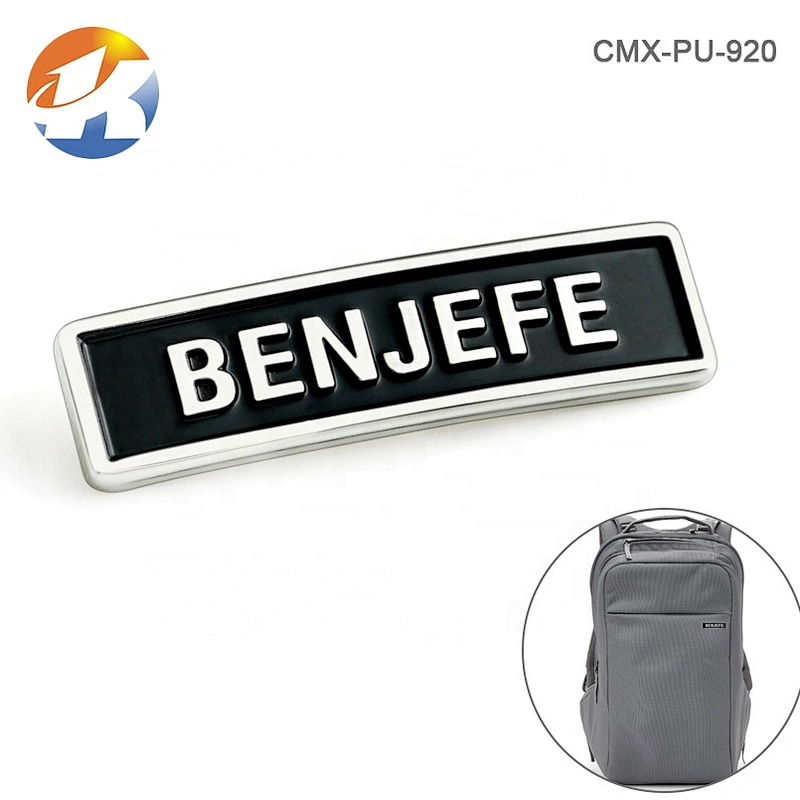 Fashion Design Metal Embossed Tag with Black Background, Bag Accessories Metal Logo Label with Rivet Fixed
